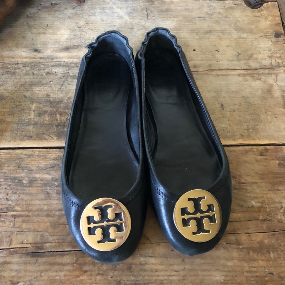 Tory Burch Black Flats with Signature Gold Logo